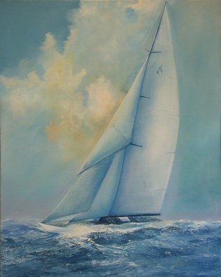 Tom Lund-lack: 'Hard Blow', 2008 Reproduction Artwork, Sailing.  Valsheda in her original rig and hull colour.  I got the idea for this painting from a contemporary black and white photograph taken perhaps in the early 1930's. I researched the history of the yacht and reproduced it as an oilo painting.  The original is in a private collection...