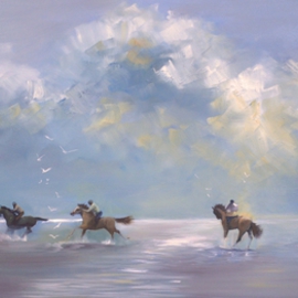 Tom Lund-lack: 'Holkham Riders', 2015 Oil Painting, Beach. Artist Description: Riders having fun on the vast expanse of Holkham Beach in Norfolk.  Sold at a charity auction for USD2415 on 3rd February 2018. ...