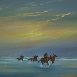 Tom Lund-lack: 'Horses being exercised on Holkham Beach', 2012 Oil Painting, Landscape. Artist Description:  In Norfolk there are huge flat and hard sandy beaches that are ideal for galloping horses. In that area are a number of studs and they exercise their horses on it who wouldnt like to do the same. This is set in the early morning with the spray ...