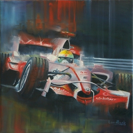 Tom Lund-lack: 'Mclaren 2008', 2009 Oil Painting, Automotive. Artist Description:  A generic painting of the drama of Formula 1, using the 2008 Mclaren as driven by Lewis Hamilton as the motif.  This is a reworked image too which I have tried to incorporate elements of graphic design. ...