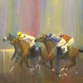 Tom Lund-lack: 'Odds On Favourite Four to Two', 2014 Oil Painting, Equine. Artist Description:  Pace, colourmovement of racehorses and jockeys are the subject of this oil on canvas.  Typical of my style, this time with a touch of humour the four to two being the obviously the numbers on the two visible horses. ...