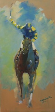 Tom Lund-lack: 'Oil Sketch Blue and Yellow Jockey', 2012 Oil Painting, Equine.     Pace, colour & movement of racehorse and jockey are the subject of this oil on board.     ...