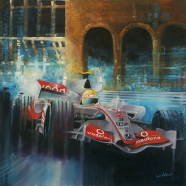 Tom Lund-lack: 'On His Way', 2009 Oil Painting, Automotive. Artist Description: This painting is of the 2007 version of the McLaren F1 driven by Fernando Alonso who won the 2007 Monaco Grandprix. The car, according to the official F1 website, is the MP4- 22 and its successor the MP4- 23 took Lewis Hamilton to victory in the 2008 drivers ...