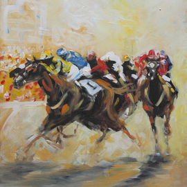 Tom Lund-lack: 'Racing Colours 2', 2016 Acrylic Painting, Equine. Artist Description: This very contemporary painting was completed very quickly about 4 hours the aim being to use simple shapes combined together to make a figurative image.  The subject matter - horse racing becomes obvious the further away from the painting one gets.  The energy I put into this piece I ...