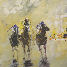 Tom Lund-lack: 'Runners in the 1430', 2015 Acrylic Painting, Equine. Artist Description: This very contemporary painting was completed very quickly about 4 hours the aim being to use simple shapes combined together to make a figurative image. The subject matter - horse racing becomes obvious the further away from the painting one gets. The energy I put into this piece I ...