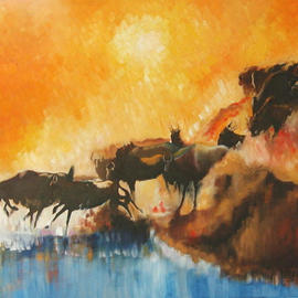 Tom Lund-lack: 'Rush Hour', 2003 Oil Painting, Wildlife. Artist Description: Hot African sunset and the a herd of Widebeest jamming themselves down a gully to cross a river. The paitning is also a dig at the morning rush to work, trying to sqaush ourselves down the Metro stairs!...