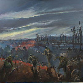 Tom Lund-lack: 'The Ghosts of Doomed Youth', 2013 Oil Painting, War. Artist Description:   This painting commemorates the 100th anniversary of the first world war.  The poignant image, which shows young men going over the top in France is both sad and reflective. The original will be presented to the town of Stowmarket and will be held in the town's Royal ...