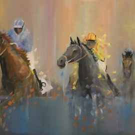 Tom Lund-lack: 'Up and Over', 2015 Oil Painting, Equine. Artist Description:  Jockeys and horses going over the fence, contemporary racing image of National Hunt or Point to Point racing.  ...