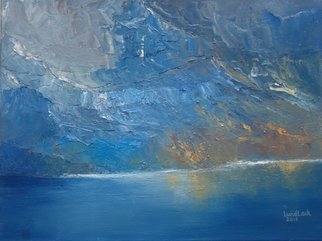 Tom Lund-lack: 'fiord', 2018 Oil Painting, Landscape. Using a palette knife is a great way to get the feeling of the mountainside running down into a fiord.  The intense cold was created using cobalt, prussian and manganese blue.  I love the way the paint picks up the ridges and forms of the rock. ...