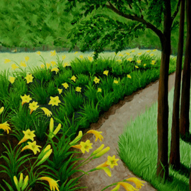 Lora Vannoord: 'Lily Garden', 2012 Oil Painting, Landscape. Artist Description: Original oil painting on canvas board of a yellow Lily garden.  I spotted this lovely landscape in upstate New York while visiting Elizabethtown.  The green sets off the yellow flowers making a large floral picture.  Framed...