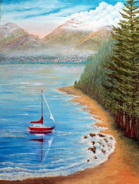 Artist Lora Vannoord. 'Red Sail Boat' Artwork Image, Created in 2011, Original Painting Oil. #art #artist