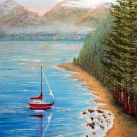 Lora Vannoord: 'Red Sail Boat', 2011 Oil Painting, Beach. Artist Description:  Original oil painting of a red sail boat on Lake Champlain in upstate New York.  I was inspired as I stood on a hilly NY shore and looked across the Lake to see the green mountains of Vermont and the red sailboat Framed with a 1 and 34 ...