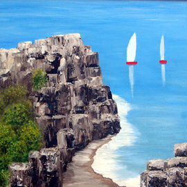 Lora Vannoord: 'Sailboats near Cliffs', 2011 Oil Painting, Marine. Artist Description:  Original oil painting on canvas board created mostly with a painting knife.  A cliff and two sailboats coming in.  It has a 3 inch wide dark brown frame.  The same frame that you see in the photo of my two oil paintings of lighthouses ...