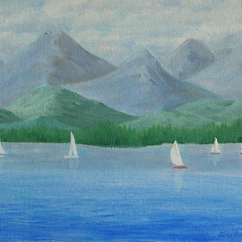 Lora Vannoord: 'Sailing', 2016 Oil Painting, Sailing. Artist Description:  Original oil painting on canvas board of sail boats on Lake Champlain and Vermont mountains, as seen from New York.  It includes a 1 and 34 inch wooden frame. ...