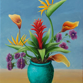 Lora Vannoord: 'Sharon Flowers Arrangment', 2012 Oil Painting, Floral. Artist Description:  Original oil painting on canvas of a beautiful floral arrangement of tropical flowers, created at a Sharon Flowers store in Clearwater, Florida.  January 2023 - It won Best of Show at the exhibit in the Oldsmar City Hall. ...