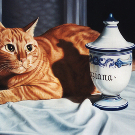 Mario Cossu: 'Cat and the jar of gentian', 2006 Oil Painting, Figurative. Artist Description:  A cat close to a porcelain jar. ...