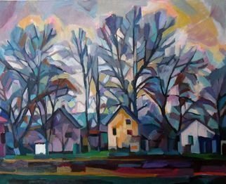 Maja Djokic Mihajlovic: 'autumnal landscape', 2018 Oil Painting, Abstract Figurative. autumnal, landscape, street, houses, building, home, autumn, abstract, ...