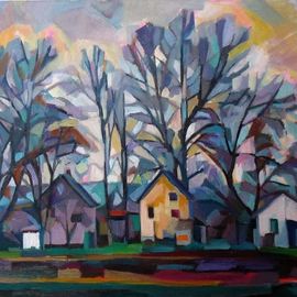 Maja Djokic Mihajlovic: 'autumnal landscape', 2018 Oil Painting, Abstract Figurative. Artist Description: autumnal, landscape, street, houses, building, home, autumn, abstract, ...