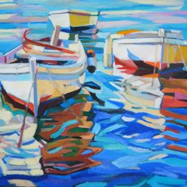 Maja Djokic Mihajlovic: 'boats', 2018 Oil Painting, Boating. Artist Description: sea- reflection - water- boats- blue- ...