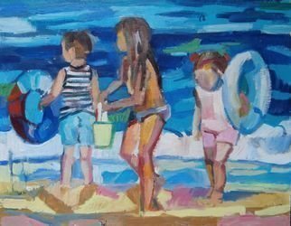 Maja Djokic Mihajlovic: 'children at the beach', 2018 Oil Painting, Children. children, beach, summer, play, ...