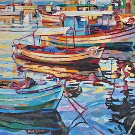 Maja Djokic Mihajlovic: 'fishing boats', 2016 Oil Painting, Boating. Artist Description: Poster 125 views   View on a coastal areas and old fishing boats . Mediterranean motifs.This is a unique, one of a kind original oil painting. The painting is sold unframed. It is signed on front and comes with a Certificate of Authenticity. The painting will be carefully packed ...