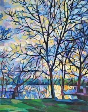 Maja Djokic Mihajlovic: 'forest landscape', 2018 Oil Painting, Abstract Landscape. Original oil on canvas - treetops, branches, wood, forest, light, reflection, spring, winter, landscape, river, water...