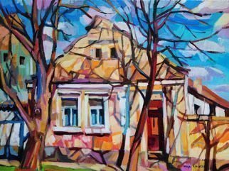 Maja Djokic Mihajlovic: 'suburbia', 2018 Oil Painting, Architecture. suburbia, rural, yellow, house, home, town, street, summer, lighr, cityscape, trees, spring, light, ...