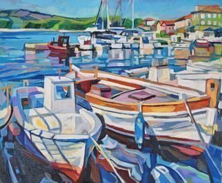 Maja Djokic Mihajlovic: 'white fishing boats', 2016 Oil Painting, Boating. The painting was created in Jelsa, a small coastal town on the island Hvar.  Croatia, Europe View on a coastal city and small stone port with old fishing boats .This is a unique, one of a kind original oil painting. The painting is sold unframed. It is signed on the ...