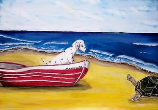 Mamu Art: 'Begegnungen', 2010 Acrylic Painting, Seascape.  Wer bist denn Du, scheint der kleine Hund zu fragen, als er die Riesenschildkrote im Sand entdeckt. Vom sicheren Boot aus, kann er das fremde Tier schwanzwedelnd begrussen.       ...