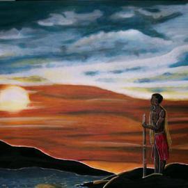 Mamu Art: 'Der Krieger', 2010 Acrylic Painting, Landscape. Artist Description:  Einsam steht der stolze Massai am Wasser. Nur kurz schaut er auf den Sonnenuntergang, um dann seine Wanderung durch die afrikanische Wildnis fortzusetzen. ...