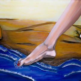 Mamu Art: 'Kalt', 2010 Oil Painting, Seascape. Artist Description:  Vorsichtig testet die Frau mit der grossen Zehe, ob das Wasser die richtige Temperatur zum Baden hat.      ...