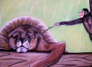 Mamu Art: 'Truegerischer Frieden', 2009 Oil Painting, Animals.  Frecher Affe kitzelt vorwitzig einen scheinbar schlafenden Lowen an der Nase ...