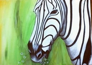Mamu Art: 'gedankenverloren', 2014 Acrylic Painting, Animals. GenA1/4sslich und ganz in Gedanken kaut das Zebra auf den GA$?nseblA1/4mchen. ...