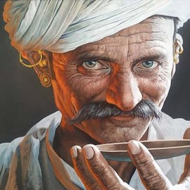Manish Vaishnav: 'old man painting', 2021 Acrylic Painting, Portrait. Artist Description: this painting very fine details on a rajasthani old man working at his farm u can see his edge on face. person from our studio is master in making wrinkles on faces . this painting made on durable silk by using quality water based natural color. its perfect to ...