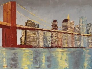 Marino Chanlatte: 'Brooklyn Bridge Lights', 2016 Oil Painting, Urban.  This painting depicts the lights of the emblematic and iconic Brooklyn Bridge and its background. This is an abstract view of this New York landmark, painted with thick oil texture. Thank you. Edges of the canvas are painted in black, 1. 5 depth, ready to hang. ...