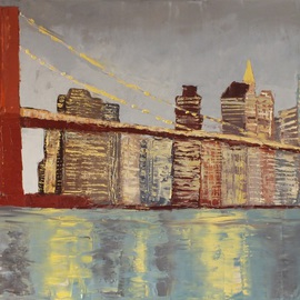 Marino Chanlatte: 'Brooklyn Bridge Lights', 2016 Oil Painting, Urban. Artist Description:  This painting depicts the lights of the emblematic and iconic Brooklyn Bridge and its background. This is an abstract view of this New York landmark, painted with thick oil texture. Thank you. Edges of the canvas are painted in black, 1. 5 depth, ready to hang. ...