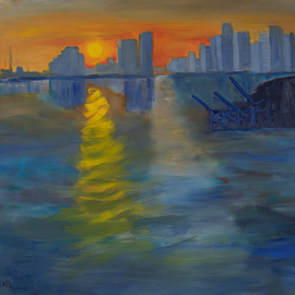 Marino Chanlatte: 'miami sunset expression', 2018 Oil Painting, Seascape. Artist Description: This work, inspired on the Miami Bay and Port, was executed in the Monet impressionist style, following his treatment of the seascape Impression, Sunrise at the port of Le Havre. This is not a realistic or photographic scene, but a spontaneous work. I had a lot of fun ...