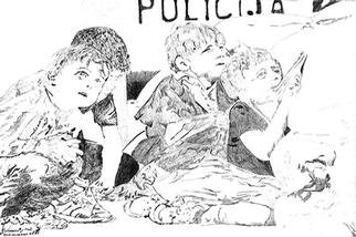 Mark Struzynski: 'Policija', 1992 Mixed Media Photography, Children. Policija is part of a process devoloped by taking photos of drawings made from Photographs. The photos are then projected onto Photo- emulsion  canvass....
