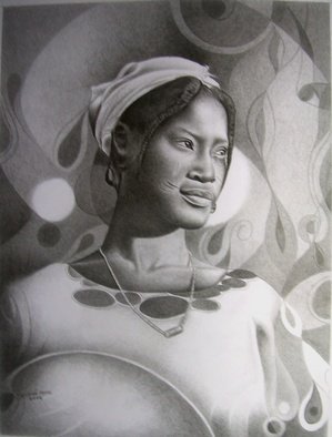 Moses Marquis Okpeyowa: 'Aisha fulani girl', 2007 Pencil Drawing, Abstract Figurative.  Aisha is a figurative drawing showing a typical fulani girl in Nigeria and her radiant and beautiful outlook for a day's task of selling in the marketplace. ...