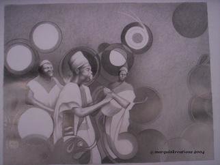 Moses Marquis Okpeyowa: 'Northern Minstrels', 2006 Pencil Drawing, Abstract Figurative.  This is shows the local musicians in the Northern parts of my country in performance. This is a drawing made in an abstract and motive form that displays the circles of musical combination of this Men's skills when playing their flutes and roud drums. ...