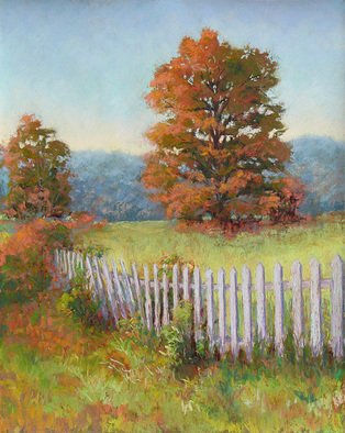 Marsha Savage: 'Autumn Pickets', 2007 Pastel, Landscape.  Old picket fence and autumn color oak tree, done from photograph taken near Cumming GA. Colors were changed from a summer scene to the autumn one. ...