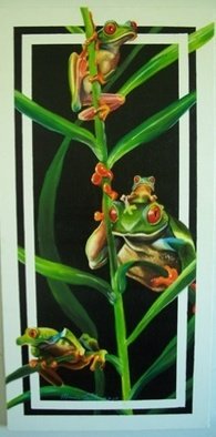 Marvin Teeples: 'Tree Frogs', 2007 Oil Painting, Portrait.   This is a oil painting of these wonderful, whimsical tree frogs. The colors are magnificent, and the way the stems and leaves weave in and out is a fun element.    ...