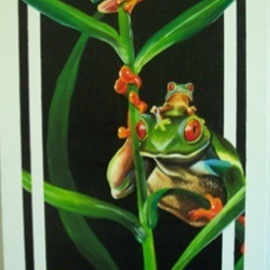 Marvin Teeples: 'Tree Frogs', 2007 Oil Painting, Portrait. Artist Description:   This is a oil painting of these wonderful, whimsical tree frogs. The colors are magnificent, and the way the stems and leaves weave in and out is a fun element.    ...