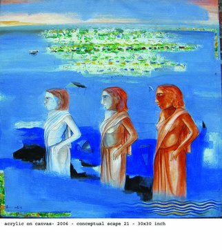 Anindya Roy: 'conceptual scape 11', 2006 Acrylic Painting, Conceptual.          A imaginative visual efect , an idea grown from concious mind graph of a country acquatic area.        ...