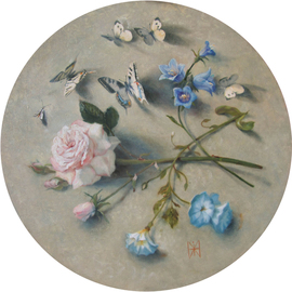 Yuriy Matrosov: 'butterflies and rose', 2019 Oil Painting, Floral. Artist Description: Butterflies and rose is the round picture.  Its diameter is 19. 7 inches.  This is the third picture from a series of round pictures with butterflies.  The color scheme in which the paintings are made is chosen in such a way that the paintings fit perfectly into the ...