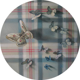 Yuriy Matrosov: 'butterflies on tartan pattern', 2019 Oil Painting, Abstract Figurative. Artist Description: Butterflies on tartan is the round picture on the pattern like the Burberry one.  Its diameter is 19. 7 inches.  This is the first picture from a series of round pictures with butterflies.  The color scheme in which the paintings are made is chosen in such a way ...