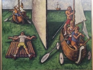 Michael Fornadley: 'Boat People 2', 2020 Oil Painting, Figurative. Oils and Casein on wood, Style- expressionism, figurative images- people- boats, that convey societal themes within a seascape...
