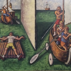 Michael Fornadley: 'Boat People 2', 2020 Oil Painting, Figurative. Artist Description: Oils and Casein on wood, Style- expressionism, figurative images- people- boats, that convey societal themes within a seascape...