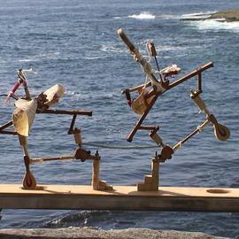 Micha Nussinov: 'Trapeze', 2002 Mixed Media Sculpture, Other. Artist Description: Piano hammers and other recycled materials are combined with screws, nuts, springs, wires, canvas and carved sandstone to form figurative sculpture. ...