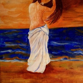 Michael Iskra: 'woman by the sea', 2018 Oil Painting, nudes. Artist Description: Woman looking at the sea combing her hair. ...